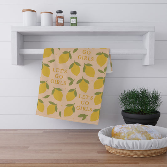 Lemon-Themed Tea Towels, Kitchen Decor, Let's Go Girls Gift, Bridemaid Fun Housewarming Gift, Citrus Kitchen Accessories