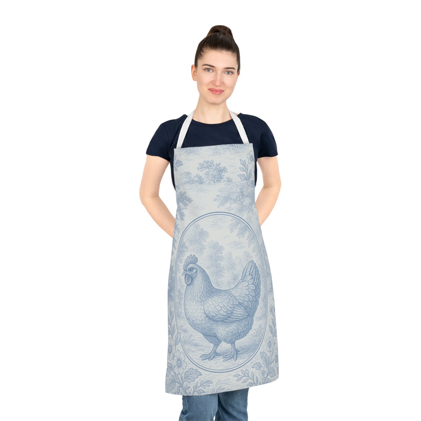 Blue Toile de Jouy Chicken Print Apron, Vintage Style Kitchen Gear Gift for Chefs Baking Accessory, Home Cooking Essentials