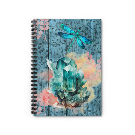 Crystal Dragonfly Music Notes Spiral Notebook Ruled Line Journal, Stationery, Note Taking, Gift for Students, Artistic Decor, Nature Lover