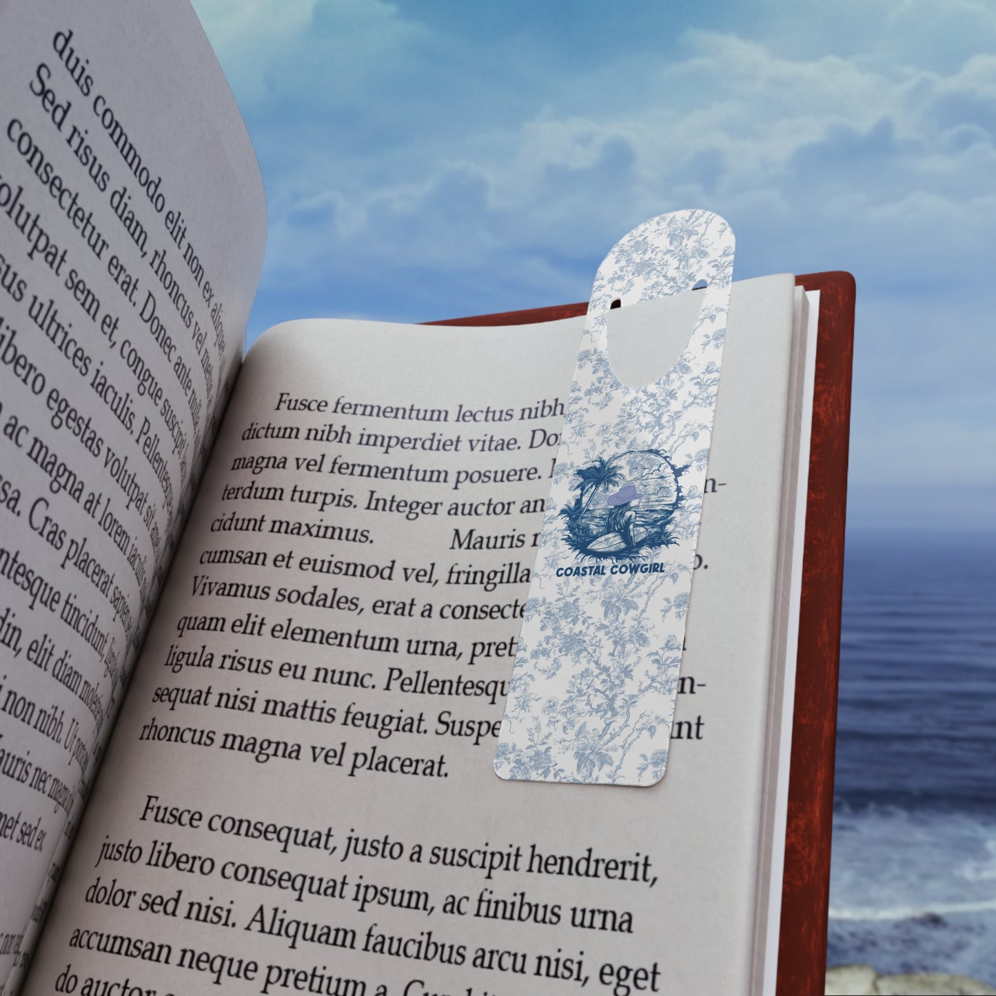 Coastal Cowgirl Summer Vibes  Bookmark  Toile de Jouy Elegant Metal Bookmark with Beach Design