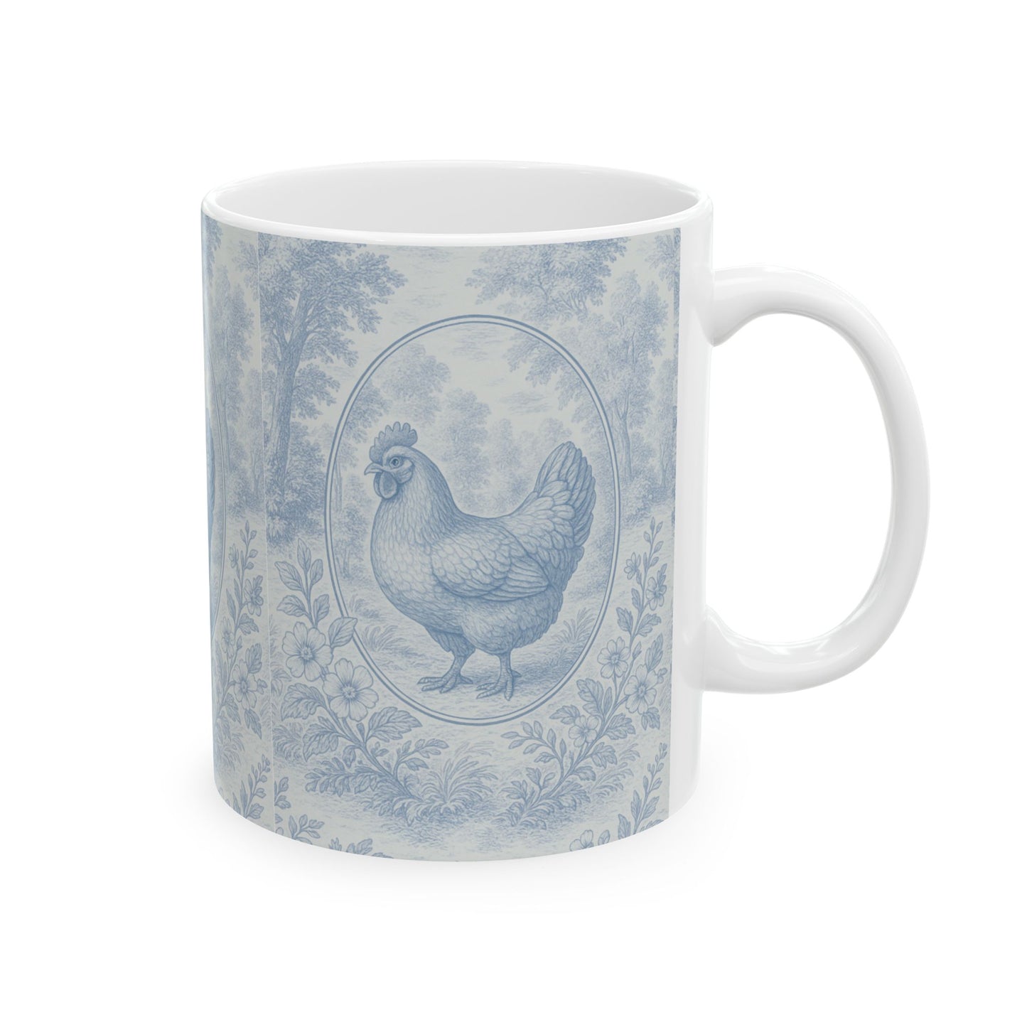 Blue and White Toile de Jouy Whimsical Chicken Hen Ceramic Mug Coffee Cup 11oz