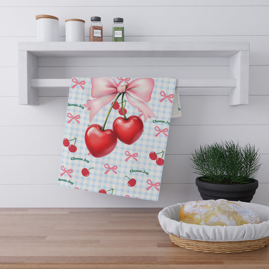 Choose Joy Cherry Tea Towel – Coquette Pink Bow Kitchen Decor, Cute Cottagecore Gift, Inspirational Tea Towel for Her, Girly Housewarming Gift