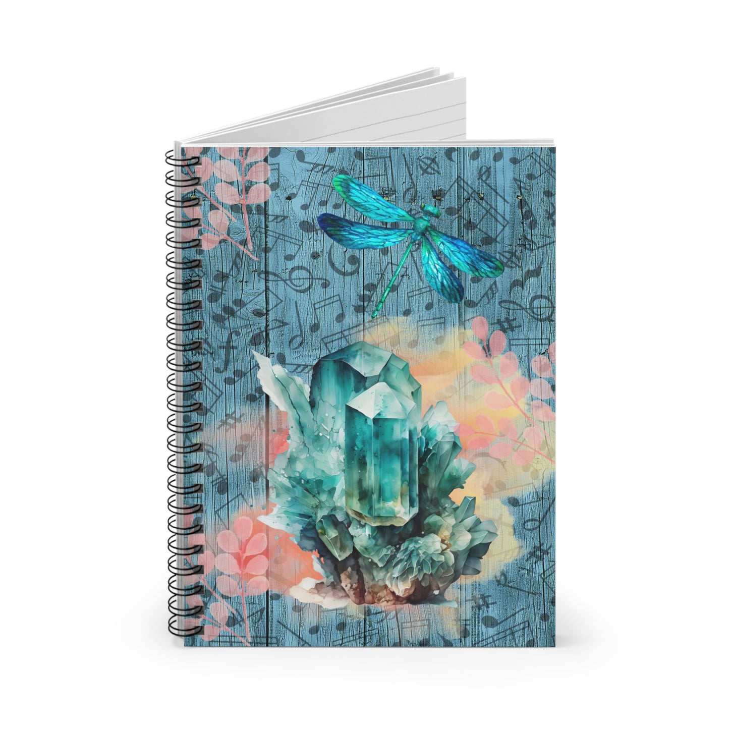 Crystal Dragonfly Music Notes Spiral Notebook Ruled Line Journal, Stationery, Note Taking, Gift for Students, Artistic Decor, Nature Lover