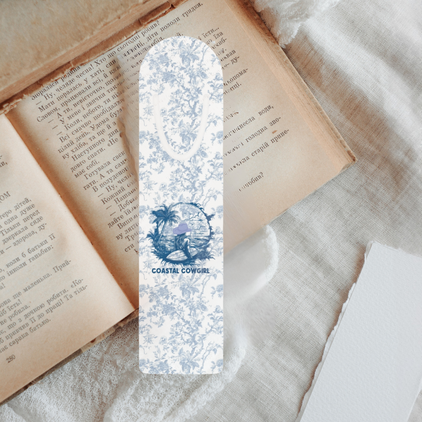 Coastal Cowgirl Summer Vibes  Bookmark  Toile de Jouy Elegant Metal Bookmark with Beach Design