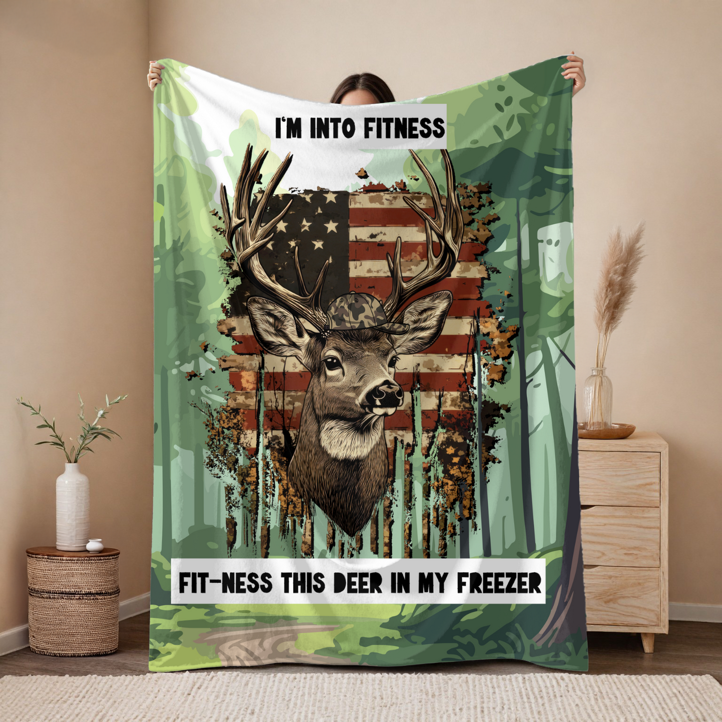 Deer Hunting Dad Blanket Gift I'm Into Fitness Fit'ness Deer in My Freezer Cozy Velveteen Plush Blanket for Nature Lovers Outdoors Camping,