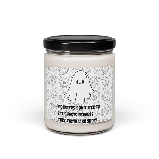 Funny Halloween Candle “Monsters Don’t Like to Eat Ghosts, They Taste Like Sheet” 9oz Soy Wax Jar Spooky Pun Gift Ghost Joke Decor Gift