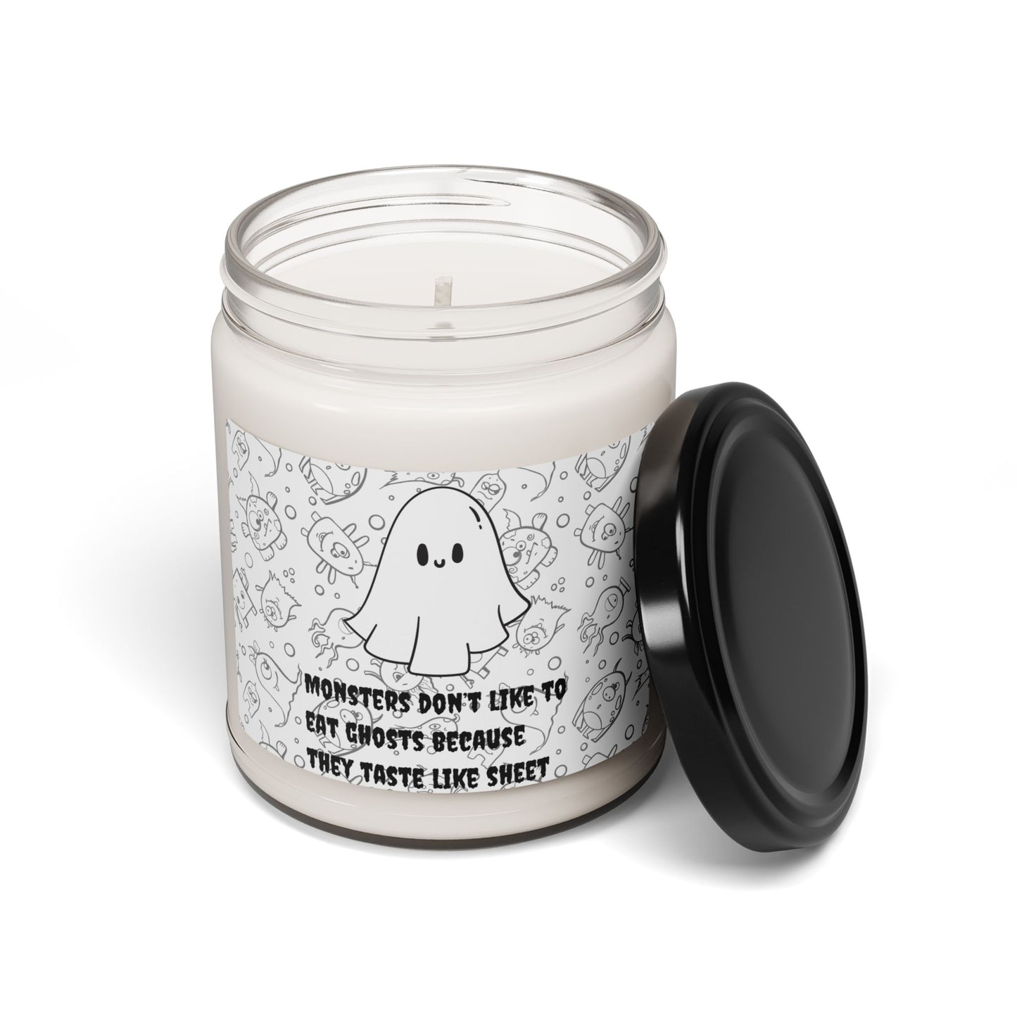 Funny Halloween Candle “Monsters Don’t Like to Eat Ghosts, They Taste Like Sheet” 9oz Soy Wax Jar Spooky Pun Gift Ghost Joke Decor Gift