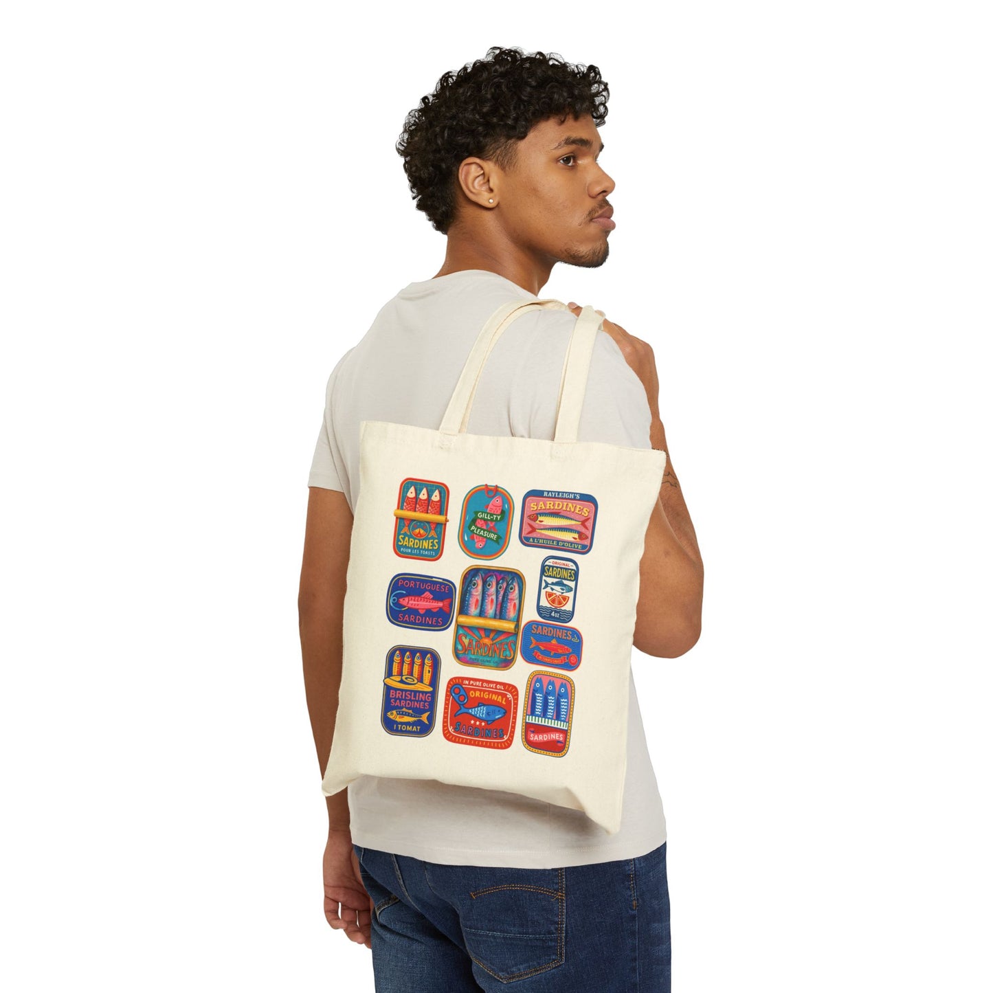Colorful Sardines Tote Bag, Fisherman Fish Market Bag, Coastal Beach Tote, Quirky Groceries Tote, Nautical Gift, Cute Sardine Print, Eco Shopper