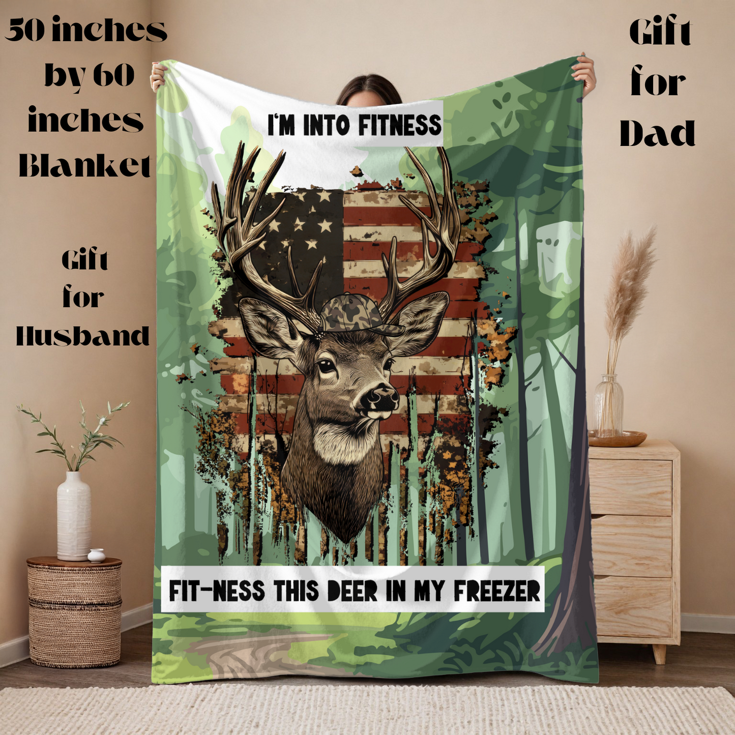 Deer Hunting Dad Blanket Gift I'm Into Fitness Fit'ness Deer in My Freezer Cozy Velveteen Plush Blanket for Nature Lovers Outdoors Camping,